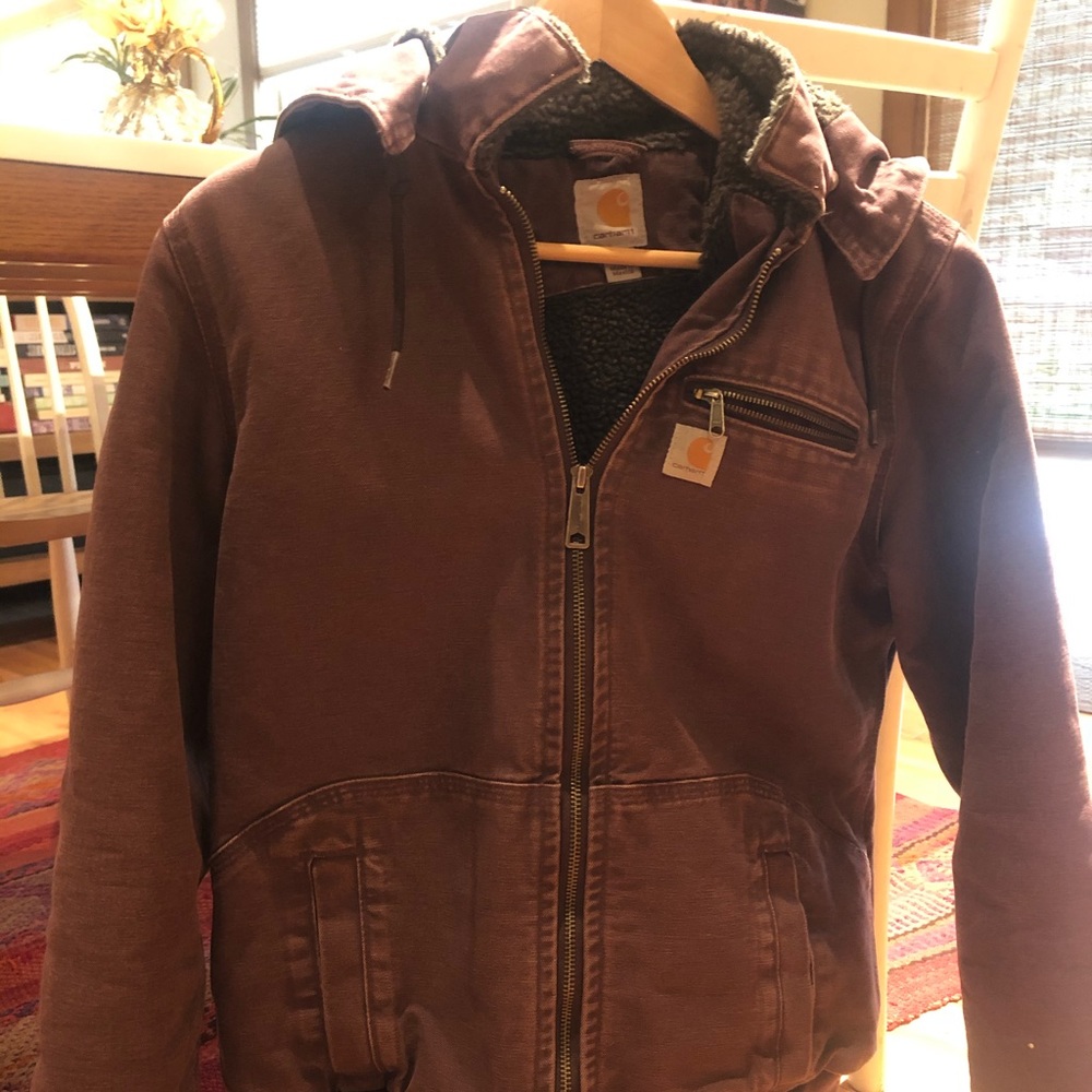 Carhartt canvas and Sherpa hooded jacket.